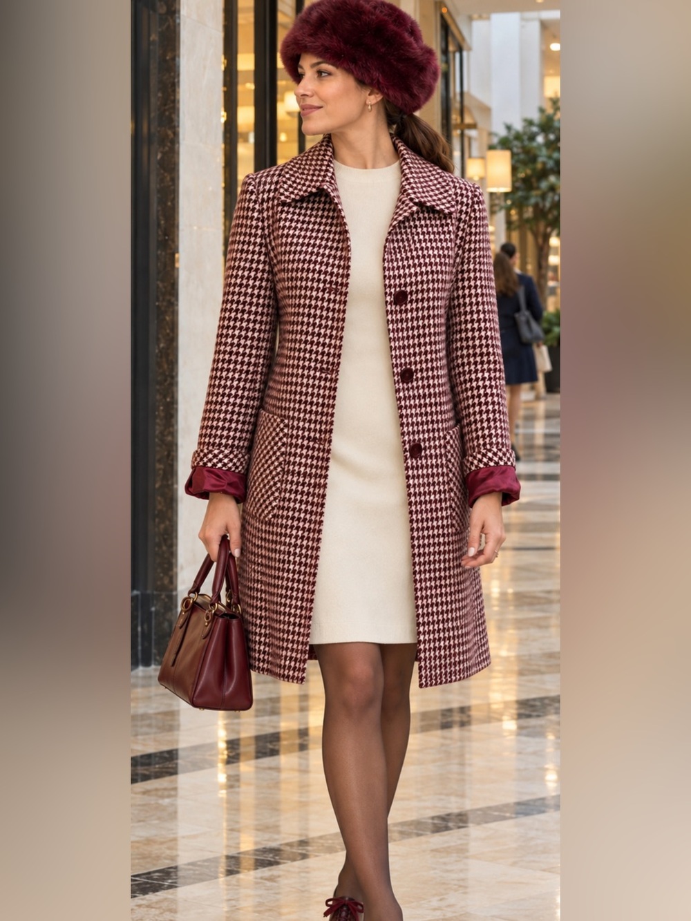 Larry Levine Burgundy Ivory Houndstooth Wool Blend Coat Size 4